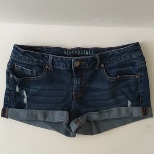 Distressed dark wash bootie cuffed shorts